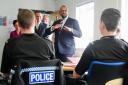 Home Secretary James Cleverly during his visit to Meadowfield Training Centre, Durham (Owen Humphreys/PA)