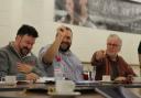 Dion Davies (Harry Dangle), Christian Patterson (Francis Henshall) and director Peter Doran at the first script read-through