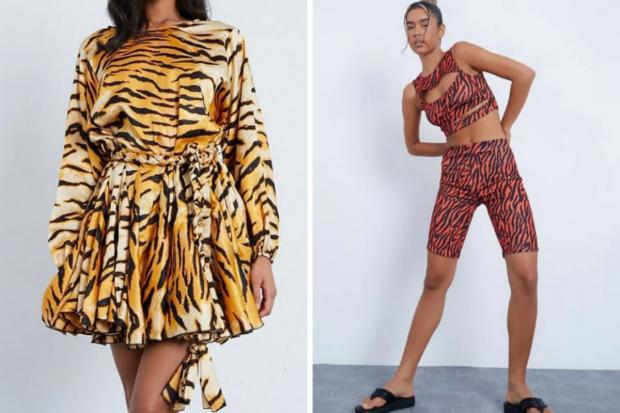 Milford Mercury: (Left) Burnt Orange Premium Satin Woven Tiger Tie Waist Skater Dress (Right) Black Tiger Print Cycling Shorts (I Saw It First/Canva)