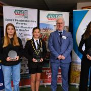 Girls (U16) Sporting Achievement  Pictured is winner Josie Hawke with finalists Chloe John-Driscoll and Nina Marsh, with Stephen Thornton from Valero.